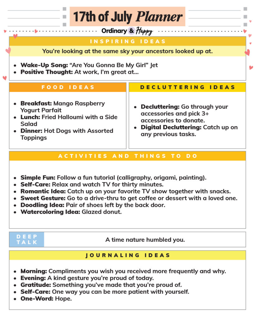 july 17th daily planner printable with color-coded sections and lists of ideas for different areas of daily life