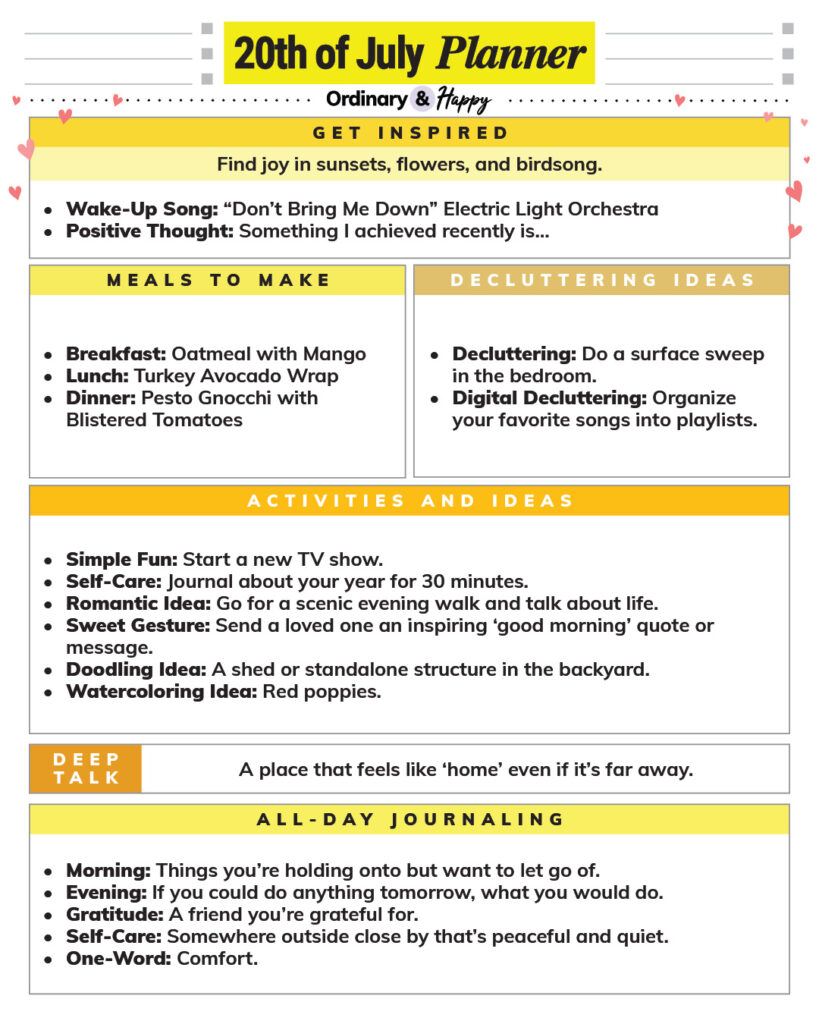july 20th daily planner printable with color-coded boxes containing lists of ideas for different areas of the day