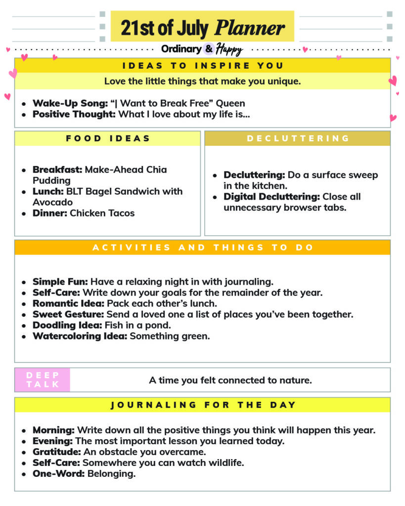 july 21st daily planner printable with lists of ideas for different areas of everyday life in color-coded boxes