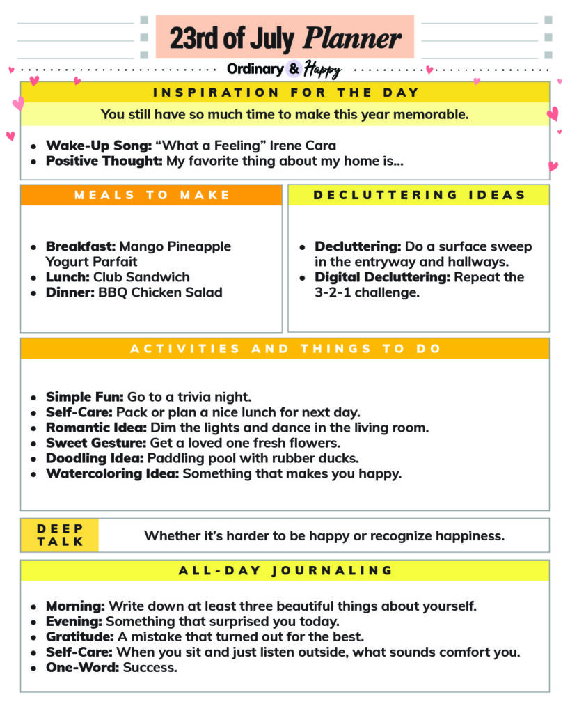 july 23rd daily planner printable with ideas for the idea in different color-coded sections