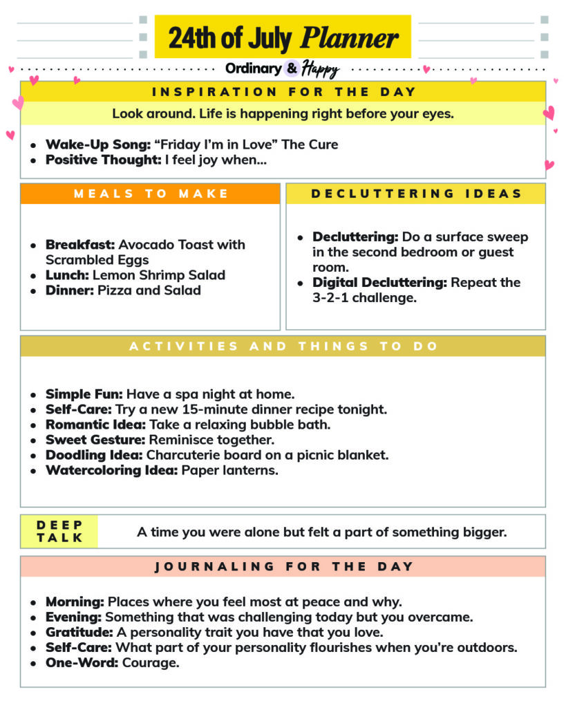 july 24th full-day planner printable containing color-coded boxes and lists of ideas for the day in each one