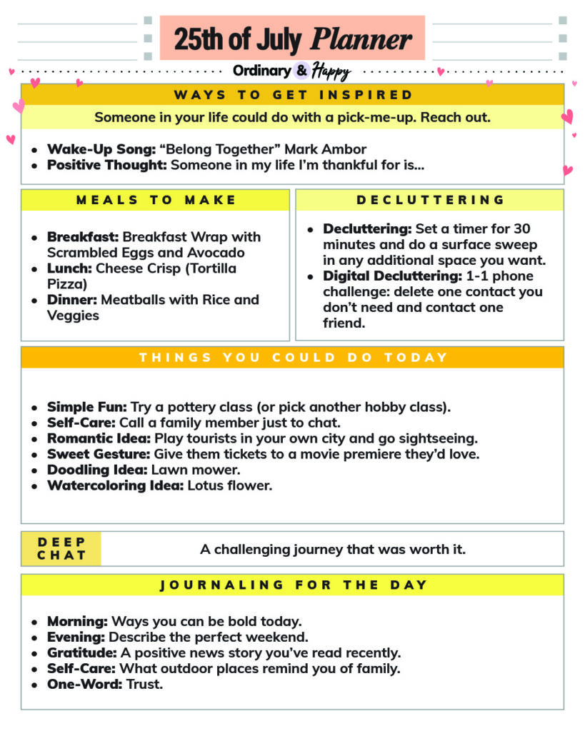 july 25th daily planner with color-coded rectangular boxes containing lists of ideas for the day