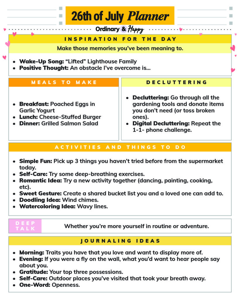 july 26th daily planner printable with lists of ideas for different areas of daily life