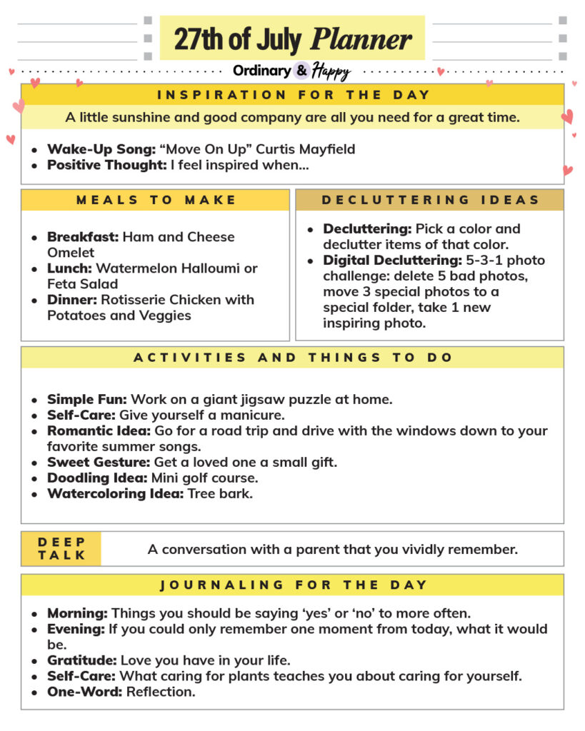 july 27th daily planner printable with lists of ideas for different areas of daily life in color-coded sections