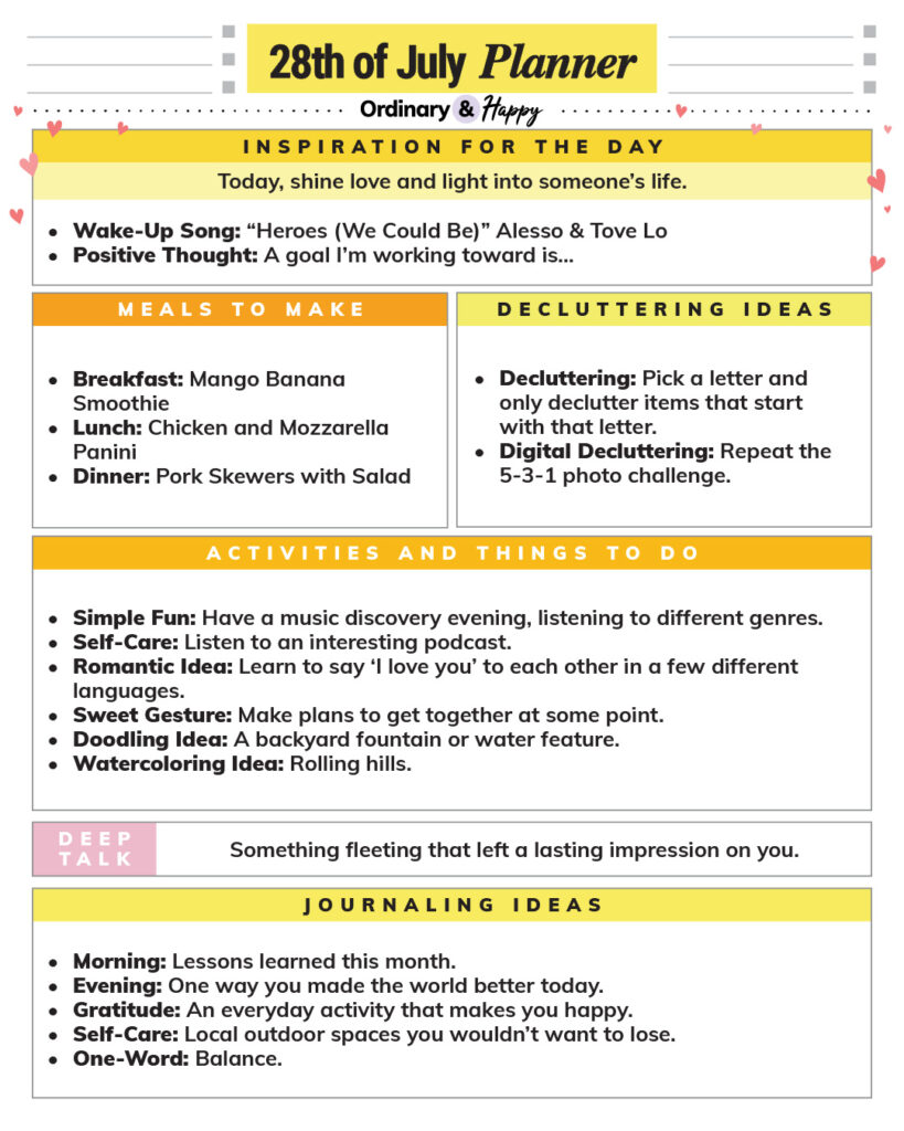 july 28th daily planner printable with color-coded boxes and lists of ideas for the day