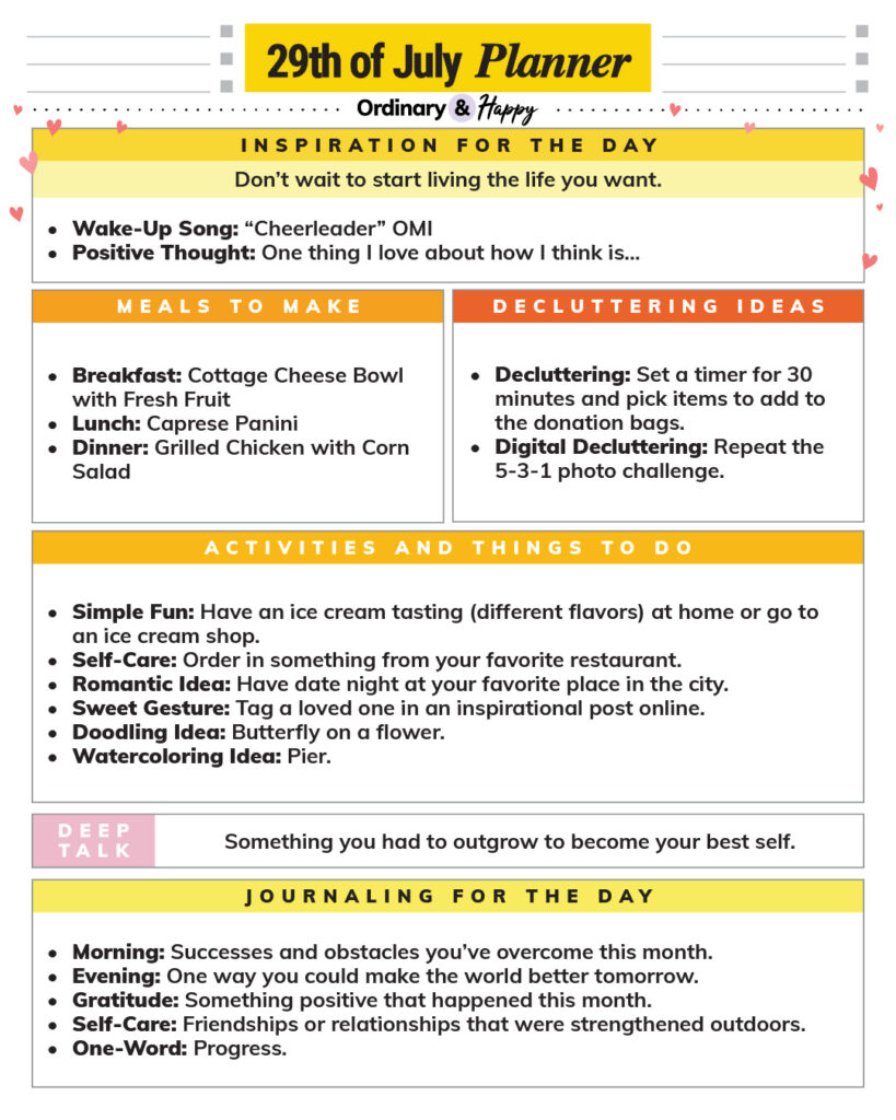 july 29th daily planner printable with ideas for different areas of daily life displayed in color-coded rectangular sections