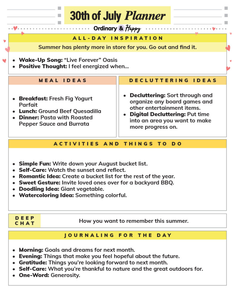july 30th daily planner printable with lists of ideas for inspiration, meals, decluttering, activities, conversation, and journaling prompts