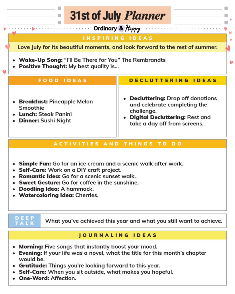 july 31st daily planner printable with color-coded sections and lists of ideas for the day