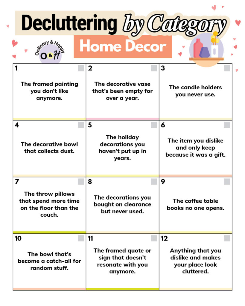 Decluttering by category (home decor list).