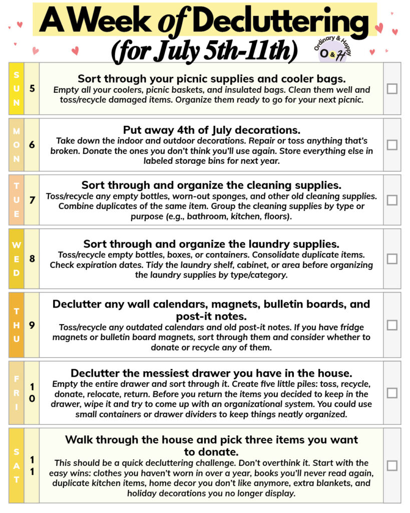 A week of decluttering ideas for July 5th-11th.