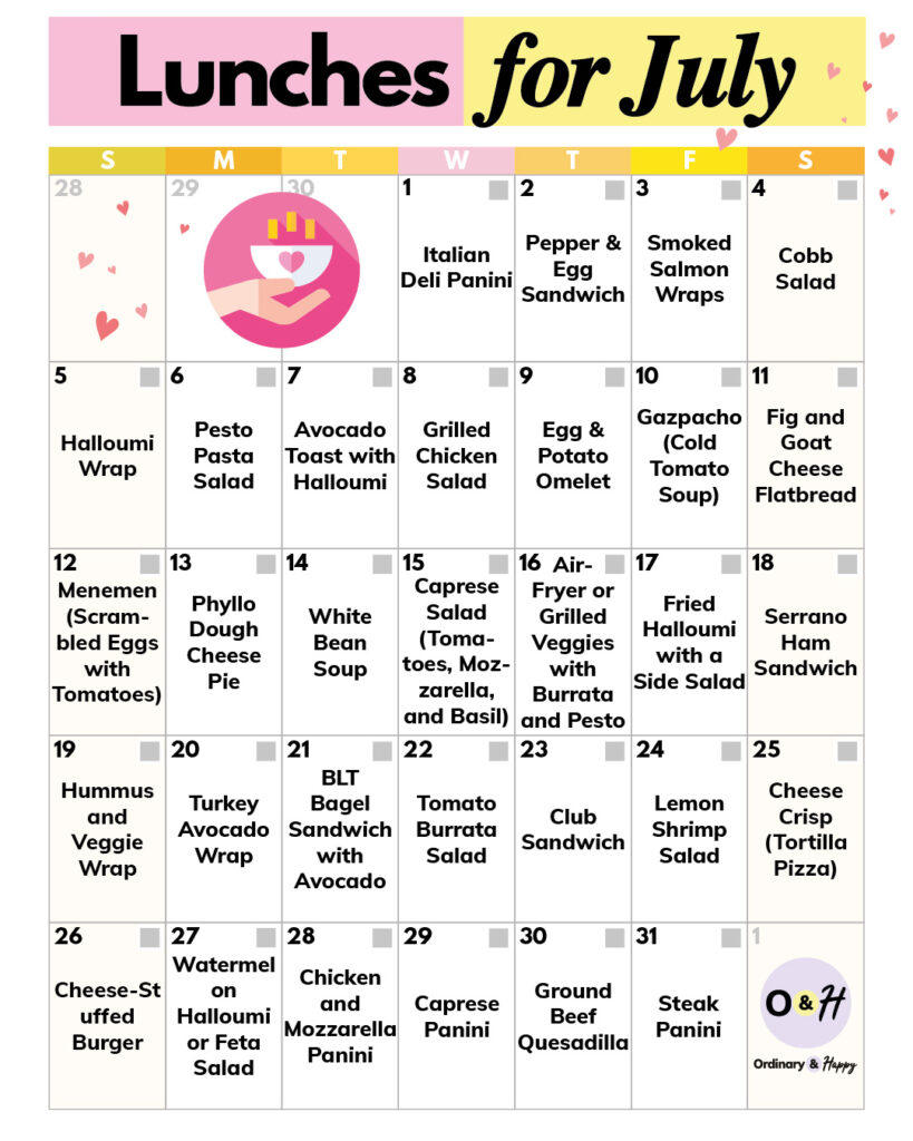 Lunch ideas in a July calendar