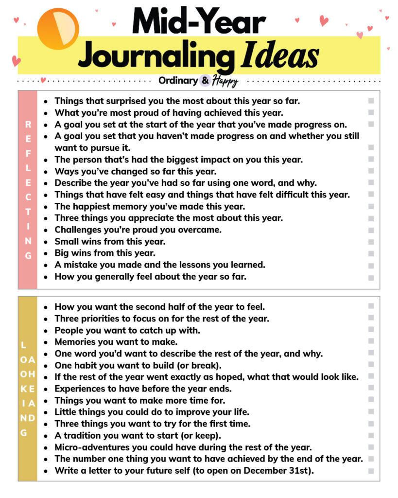 listicle of 30 mid-year journaling prompts displayed in 2 sections, one reflective, and one looking ahead