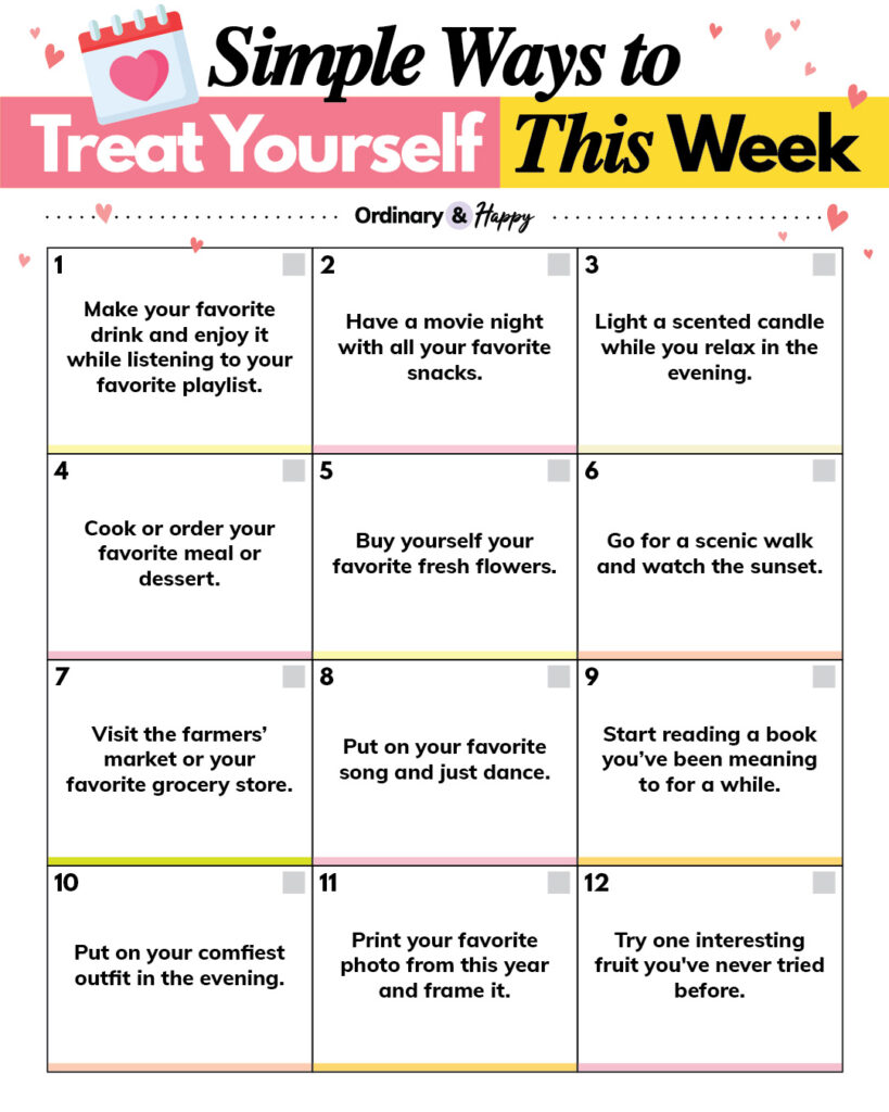 12 ways to treat yourself this week displayed in a 3x4 numbered grid