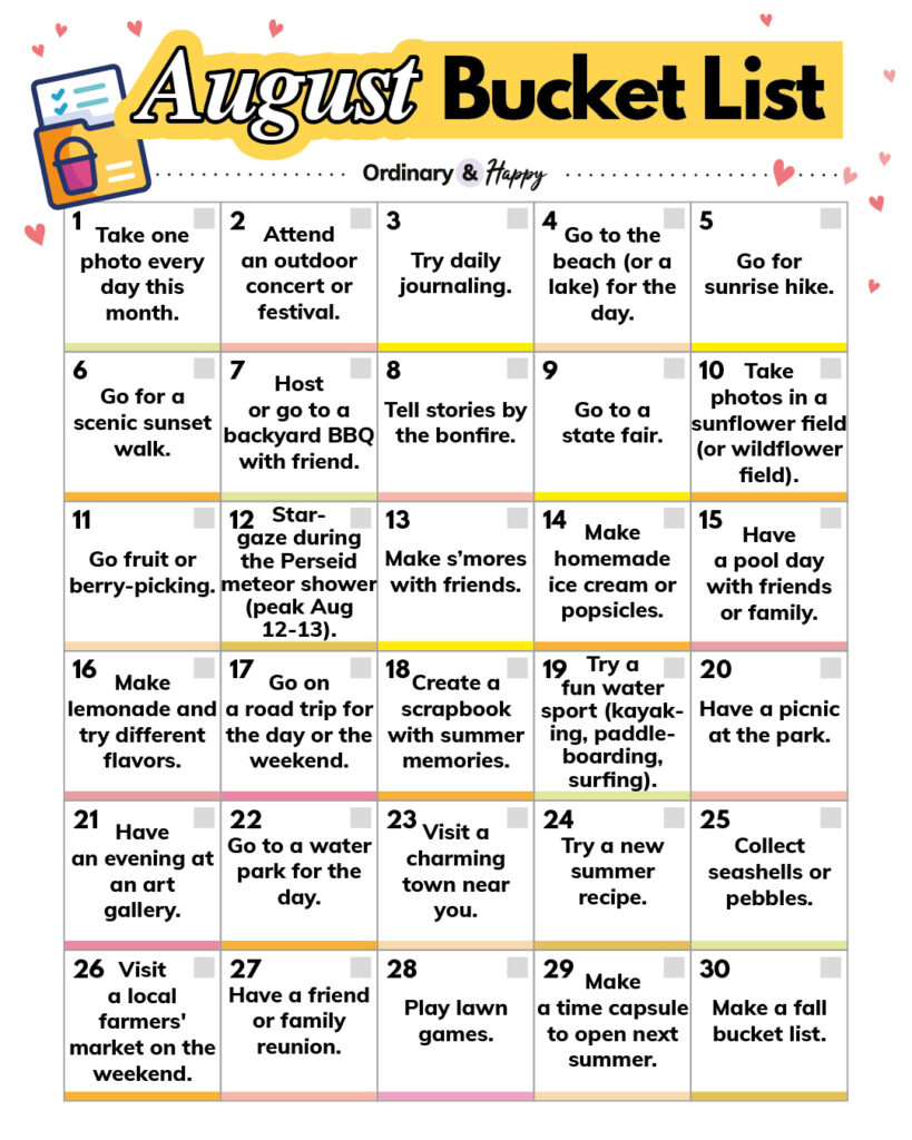 30 august bucket list ideas displayed in a 6x5 numbered grid