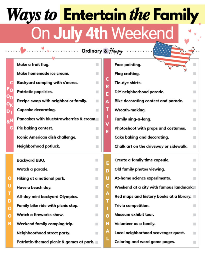 family-friendly activities for july 4th in 4 rectangular sections with lists of ideas in each one