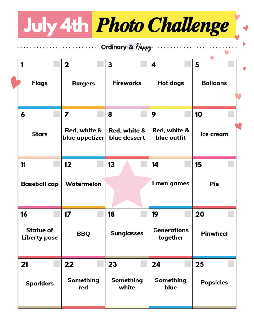 july 4th photo bucket list challenge printable with 25 ideas in a 5x5 grid to find and photograph