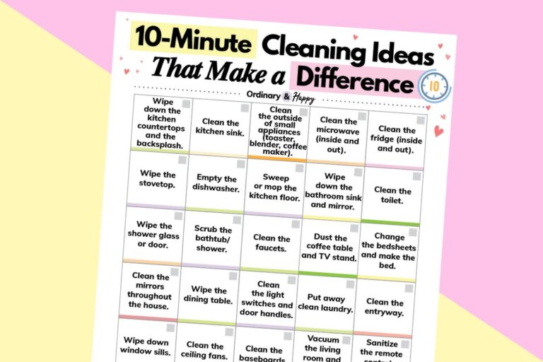 10-minute cleaning checklist printable with 30 ideas for you to clean on a 2-color lilac and yellow background