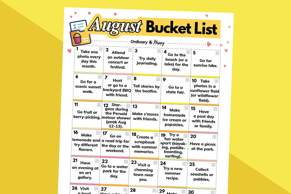 august bucket list printable with ideas in a 6x5 grid on a 2-color bright background
