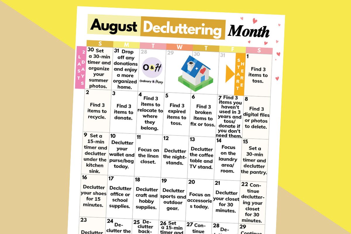 august decluttering calendar with 31 ideas for the month displayed on a light orange and yellow backdrop