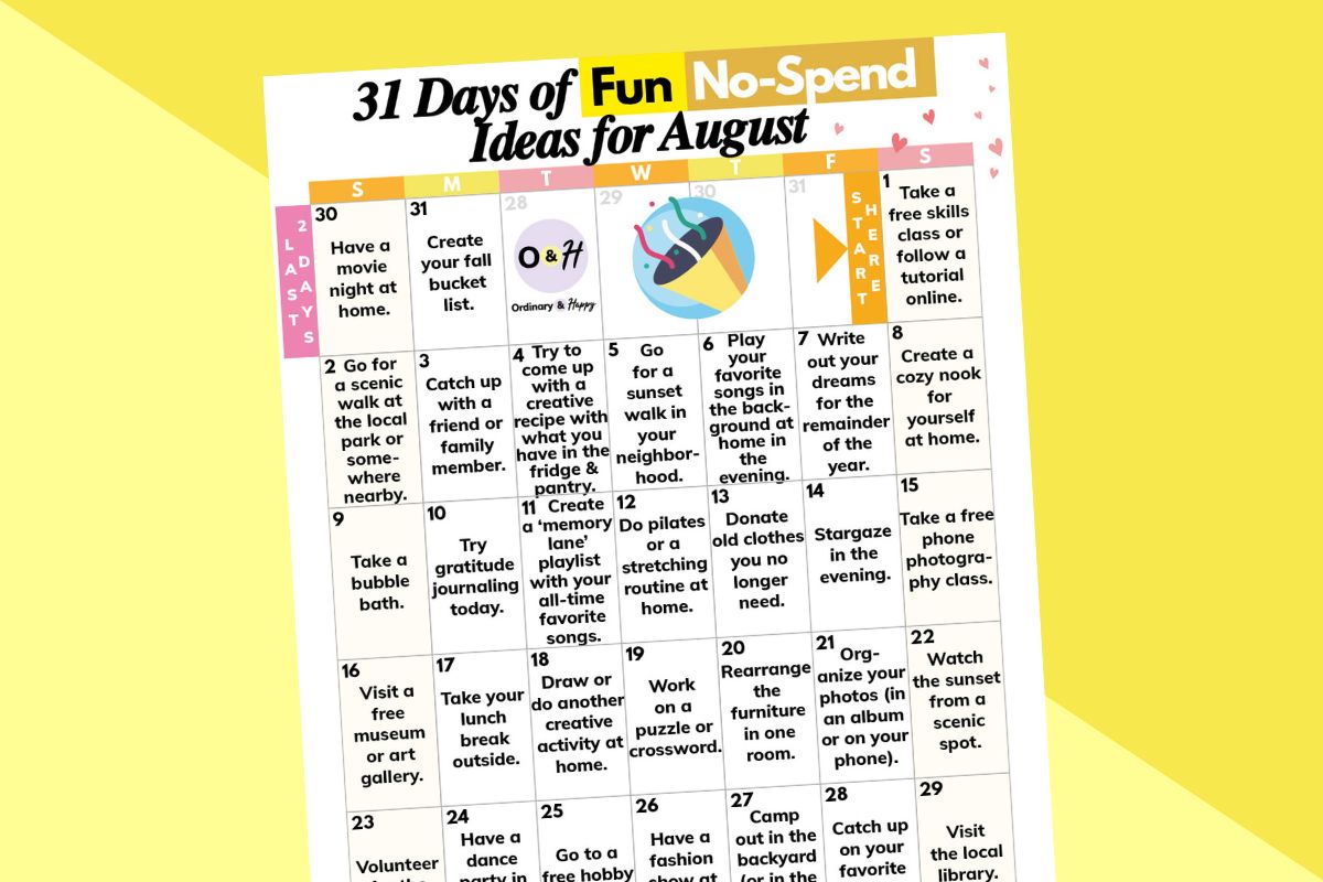 august no-spend ideas calendar partially visible on an orange and yellow block color background