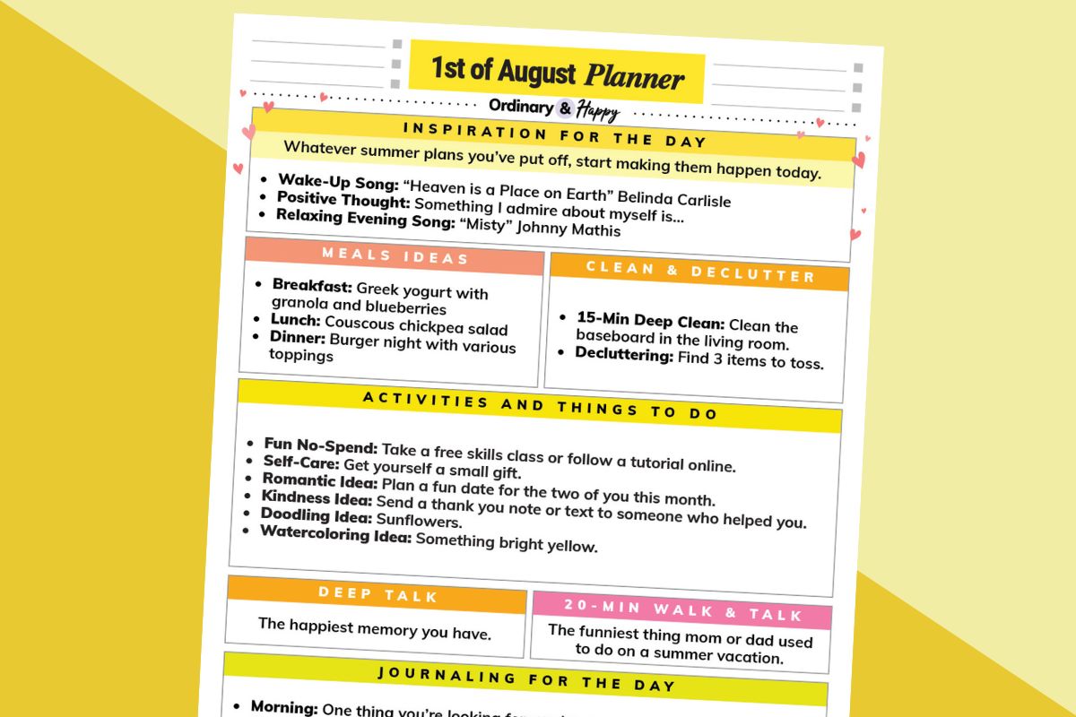 august 1st daily planner printable displayed on a yellow and pastel yellow block color background