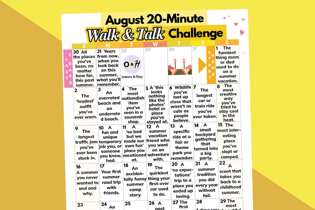 august walk and talk challenge ideas in a 31-day calendar on a block color orange and yellow background