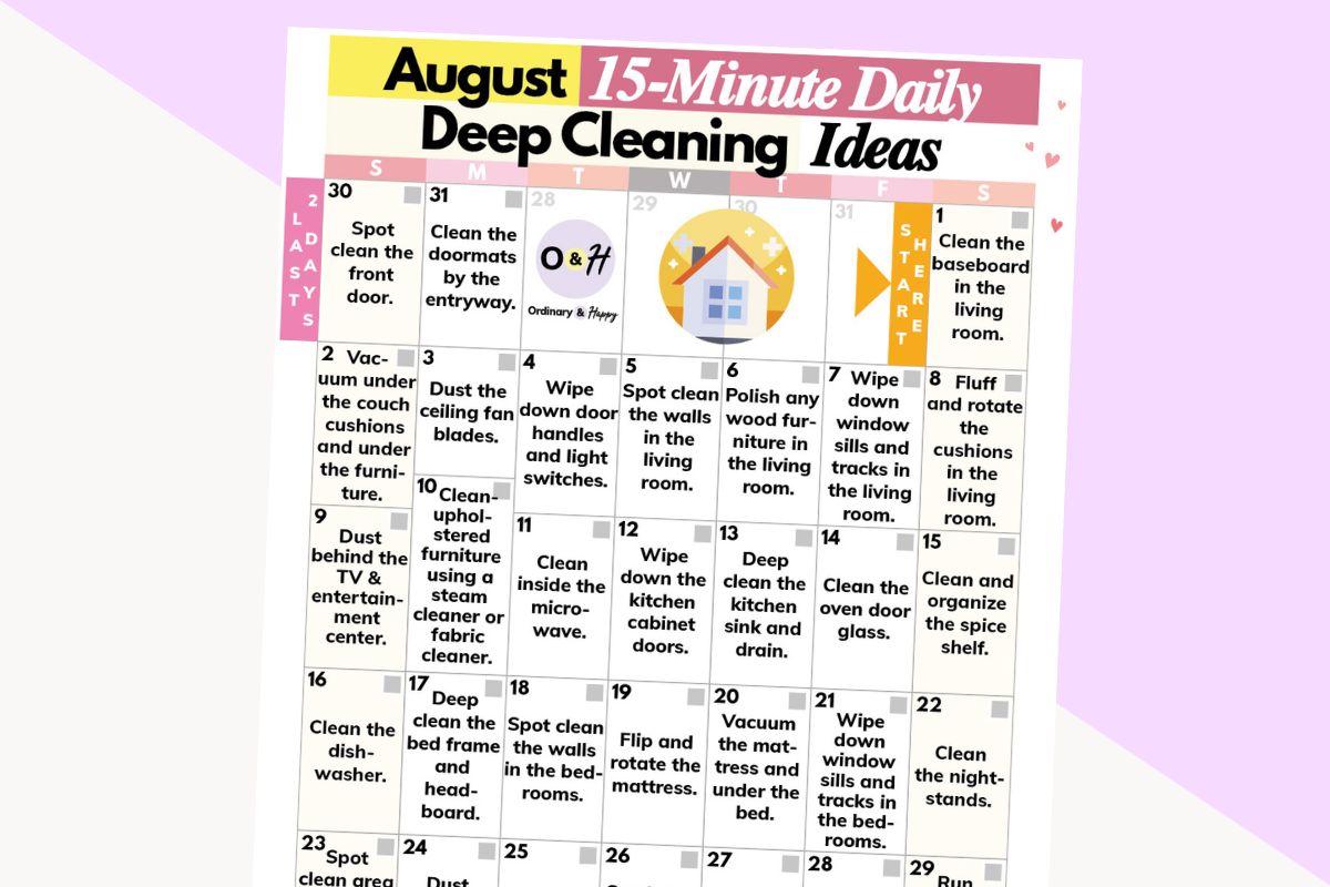 calendar of 15-minute deep-cleaning ideas for august displayed in a 7x5 calendar grid printable on a grey and lilac block color background