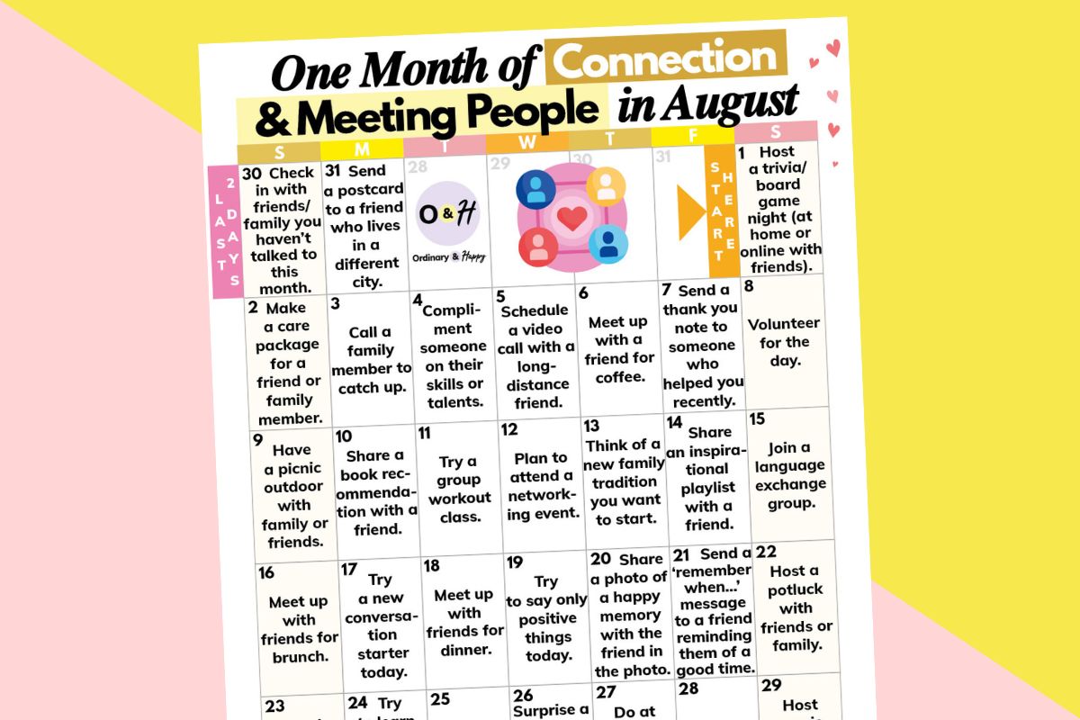 august connection ideas calendar on a rose water and yellow colored background