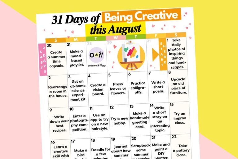 calendar of daily creative activities for august displayed on a light red and yellow block color background