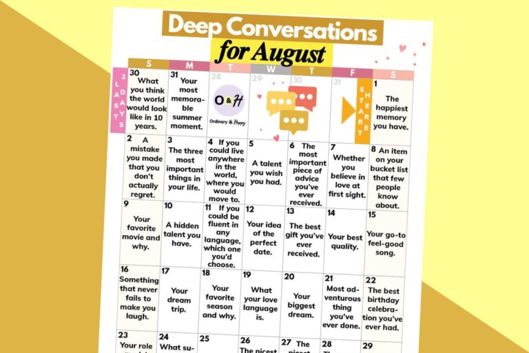 august deep conversation topics calendar on a gold and yellow block color background