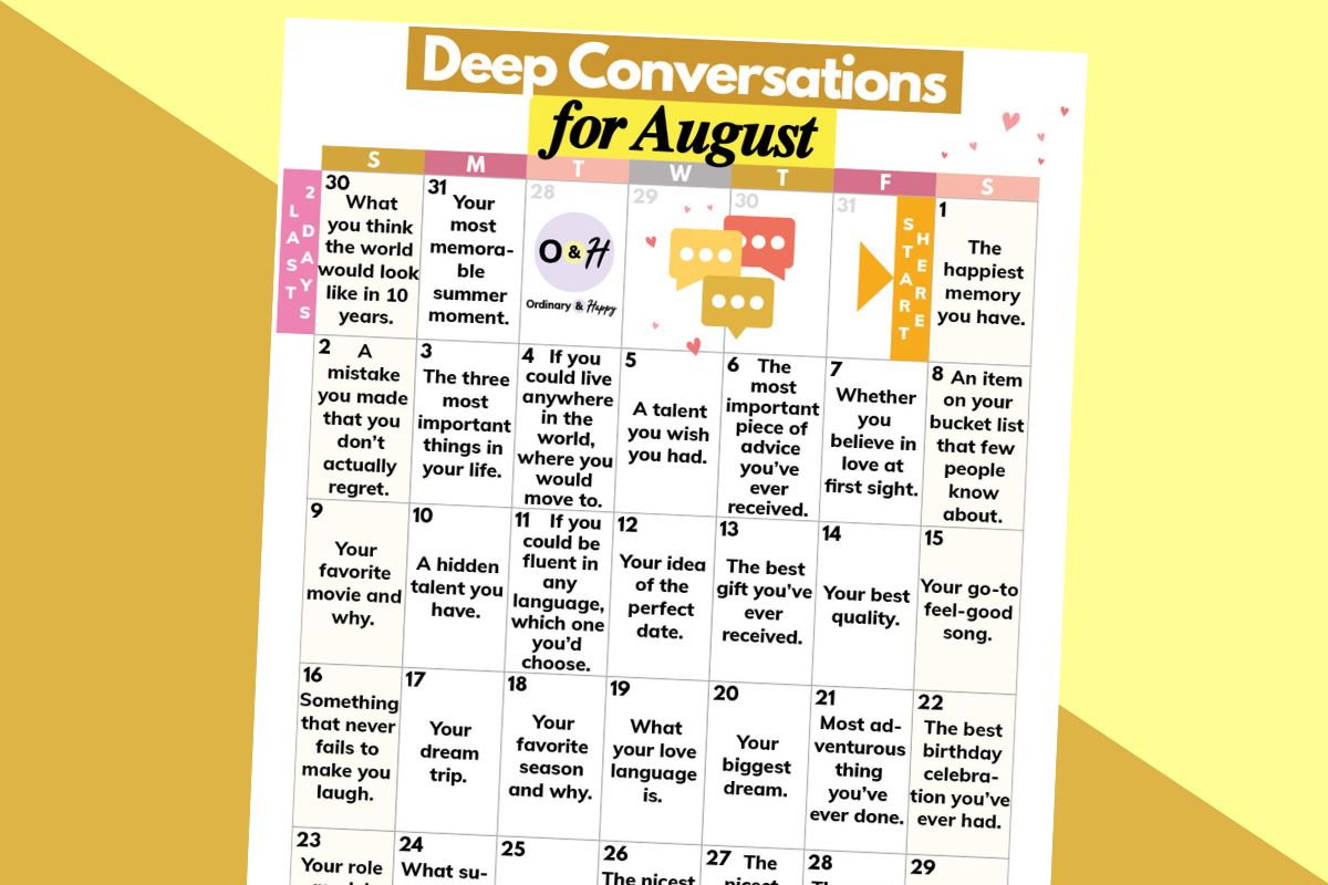august deep conversation topics calendar on a gold and yellow block color background