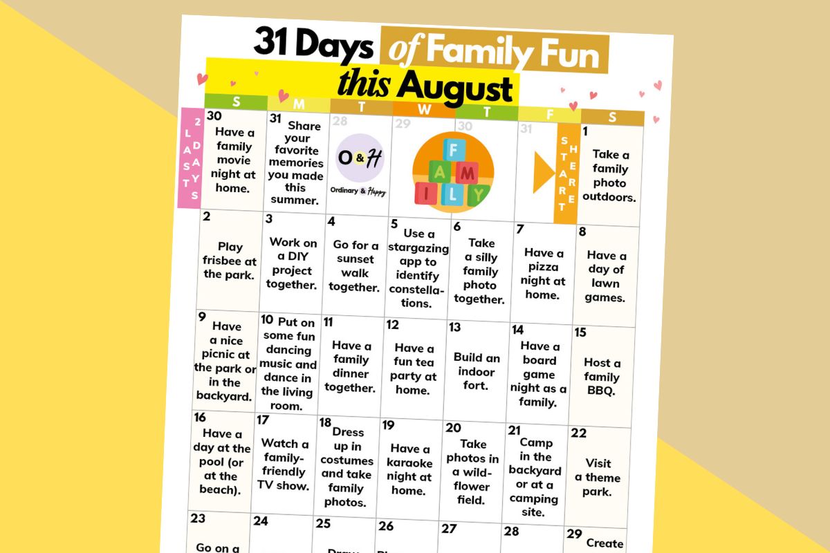 august calendar of family fun ideas in a 7x5 calendar grid format on an orange and yellow block color background