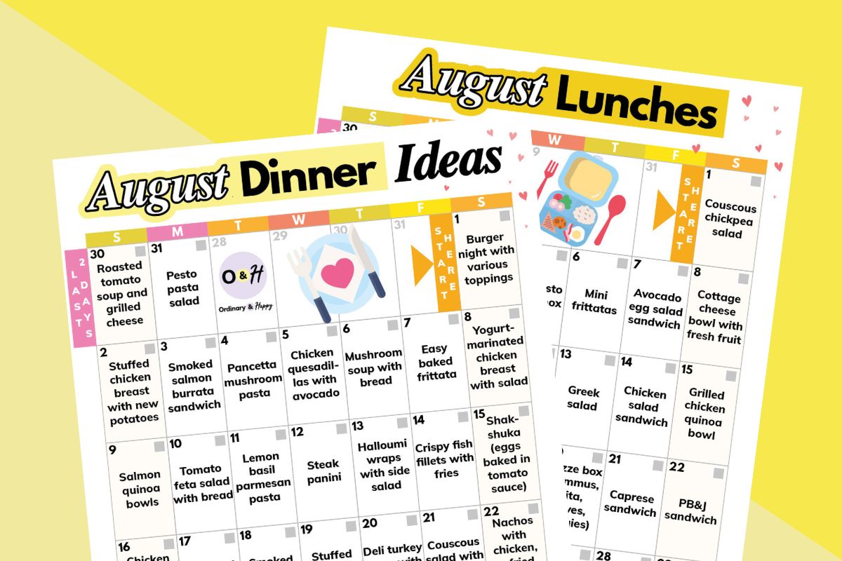 august dinner and lunch calendar printables displayed overlapping on a 2-color block color yellow background