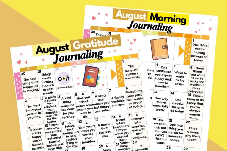 august gratitude journaling and morning journaling calendars overlapping on a 2-color orange and yellow background