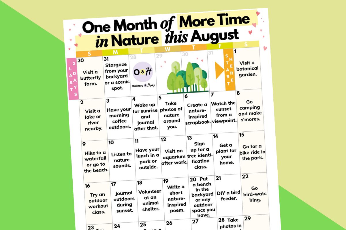 calendar of 31 ideas for spending more time in nature in august on a yellow and green block color background