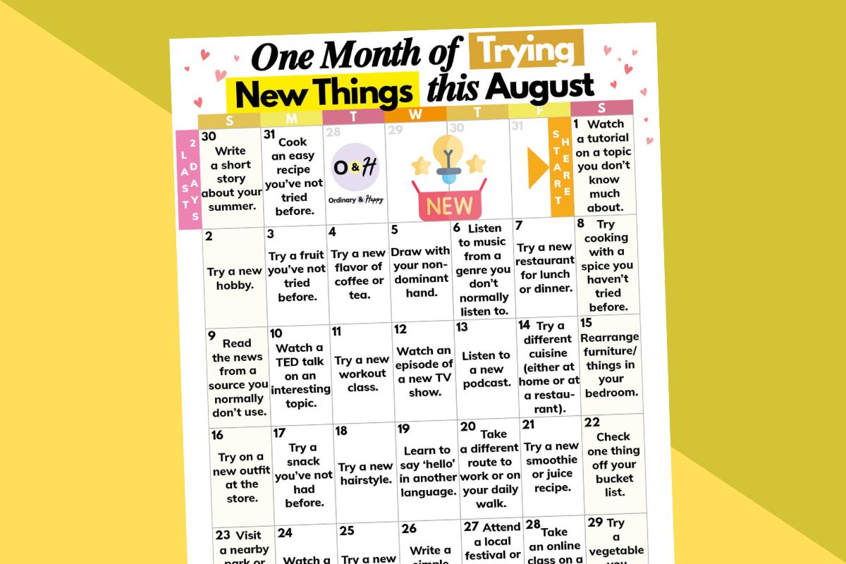 august trying new things month calendar printable on a block color grey-yellow and yellow backdrop