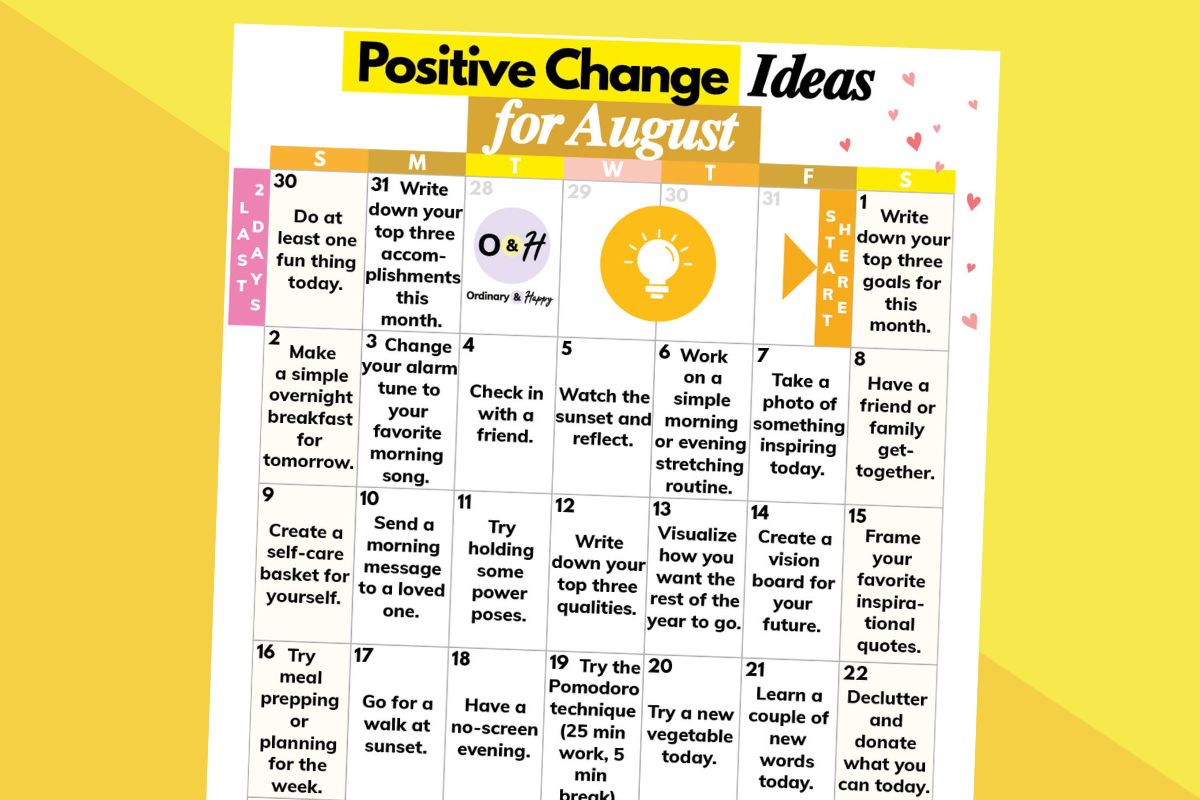 august positive change calendar with 31 positive ideas for the month on an orange and yellow block color background
