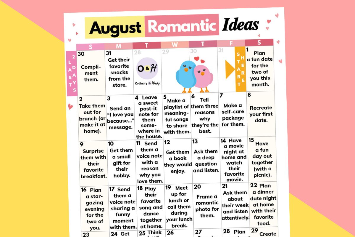 calendar of romantic ideas for august in a 31-day 7x5 grid printable displayed on a yellow and light red block color backdrop
