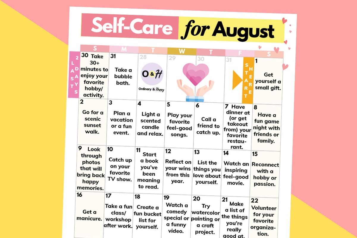 august self-care ideas calendar on a 2-color yellow and red background