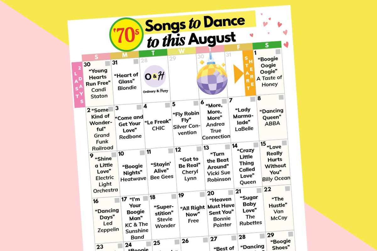 70s august calendar of songs to dance to on a light red and yellow 2-color background