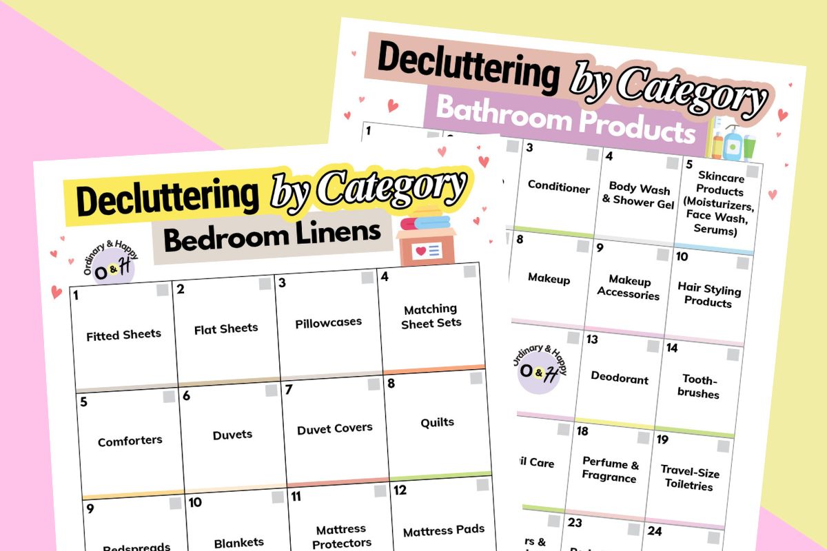 two decluttering by category printables displayed overlapping each other
