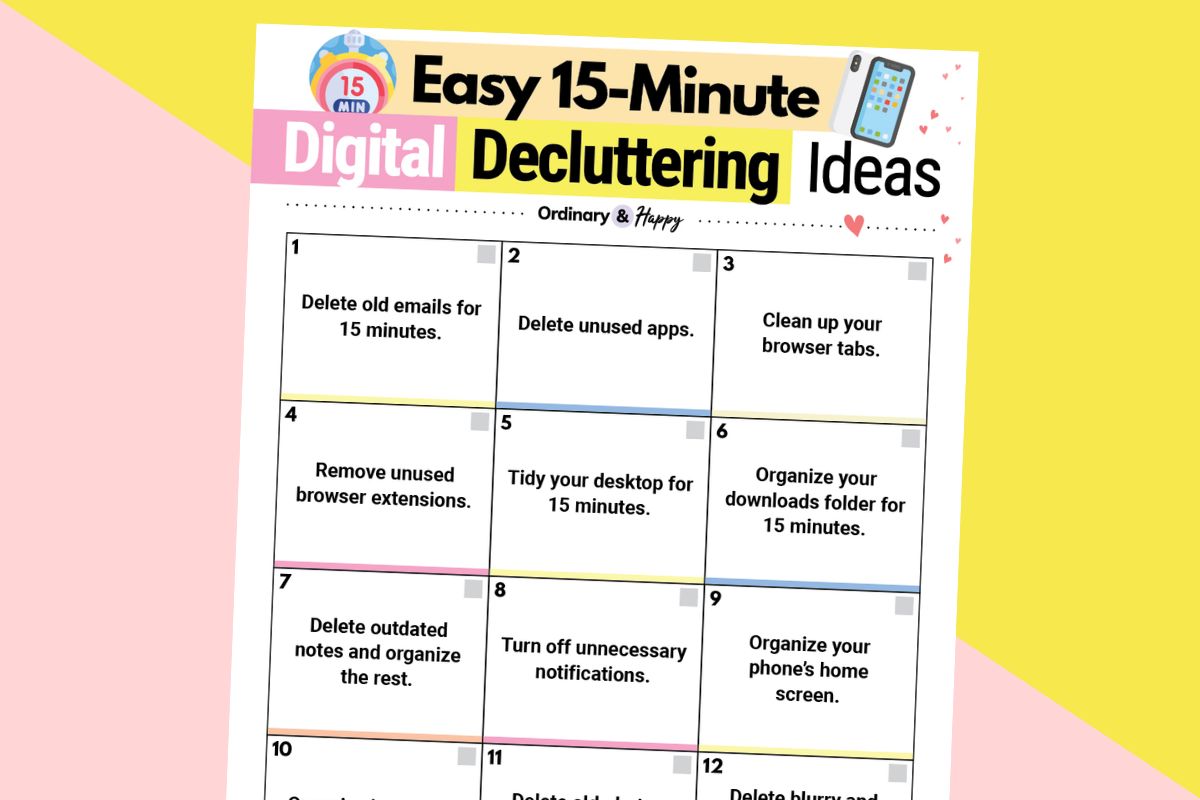 checklist of 15-minute digital decluttering ideas in a 3x4 grid on a pink and yellow 2-color background