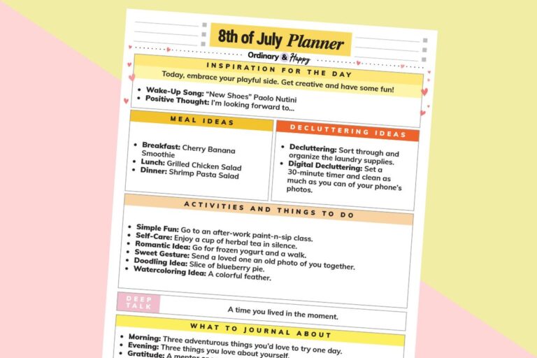 july 8th daily planner printable tilted to the right on a yellow and light orange backdrop