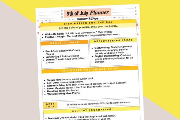 july 9th daily planner printable partially visible and titled to the left on a yellow and grey 2-color background