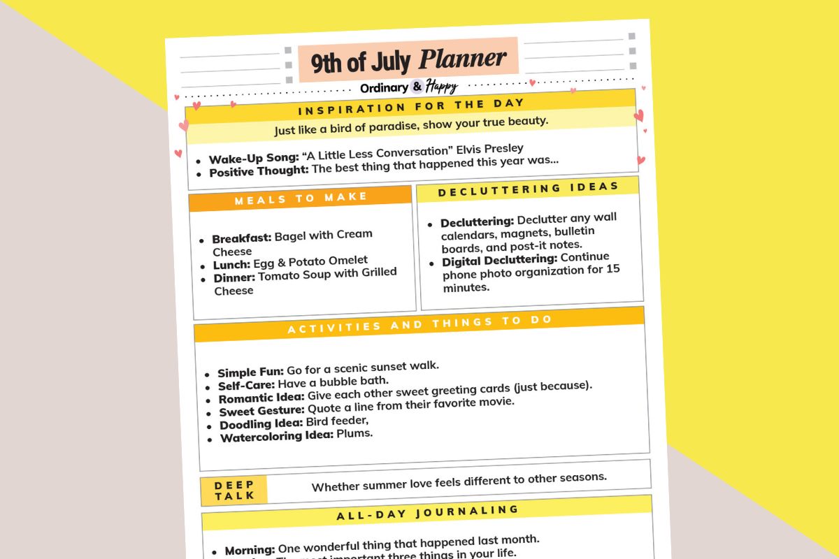 july 9th daily planner printable partially visible and titled to the left on a yellow and grey 2-color background