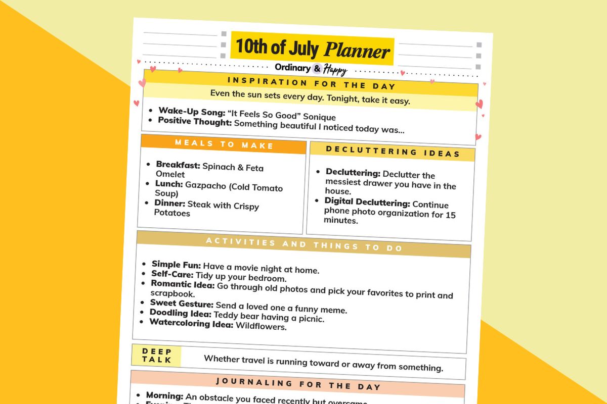 july 10th daily planner printable on an orange and yellow 2-color background