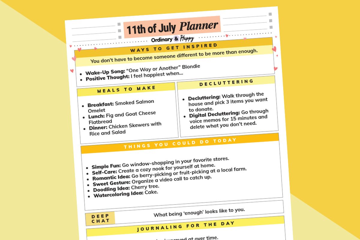 july 11th daily planner printable displayed tilted to the left on a 2-color block yellow background with lists of ideas for the day