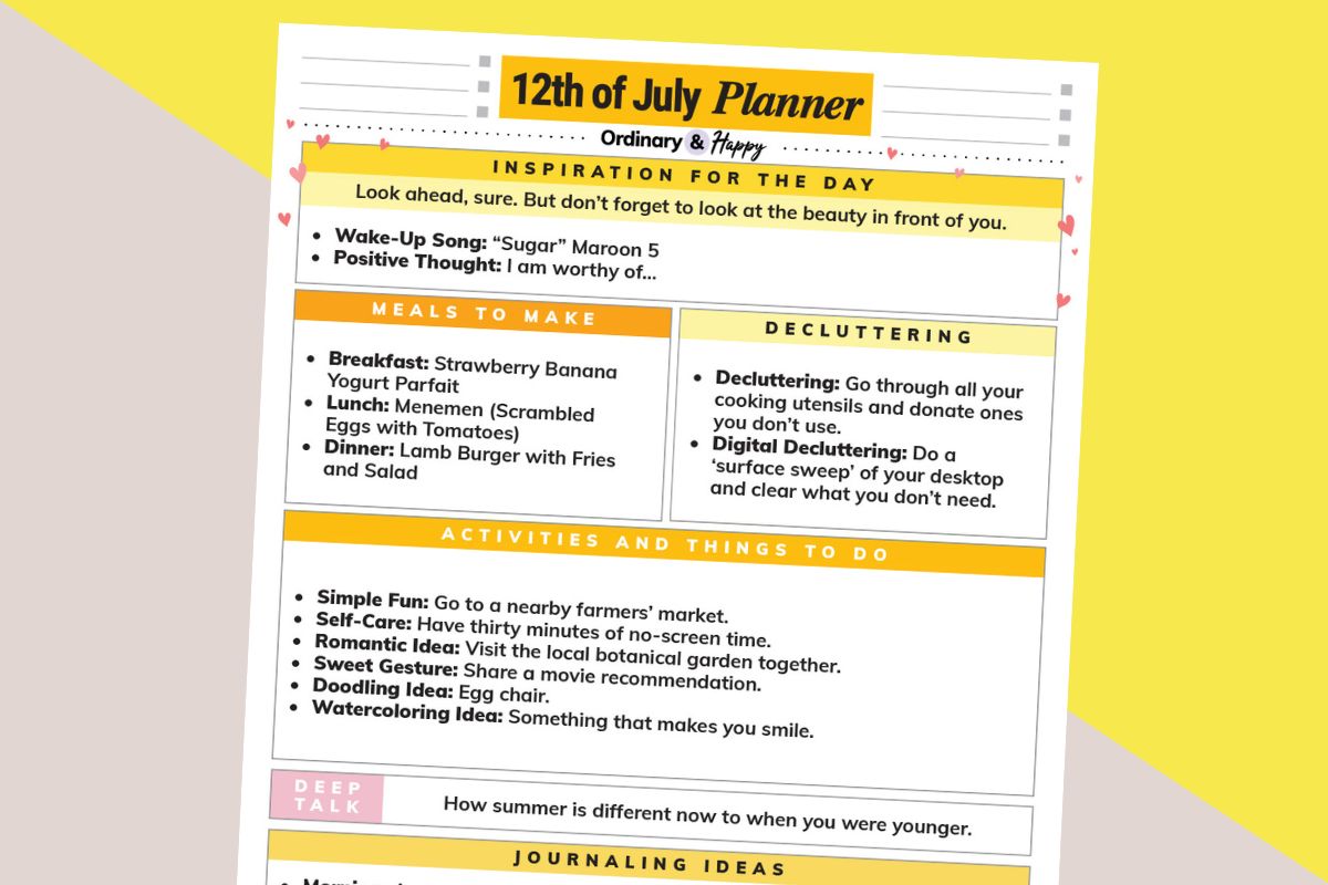 july 12th daily planner displayed tilted to the right on a light orange and yellow block color background