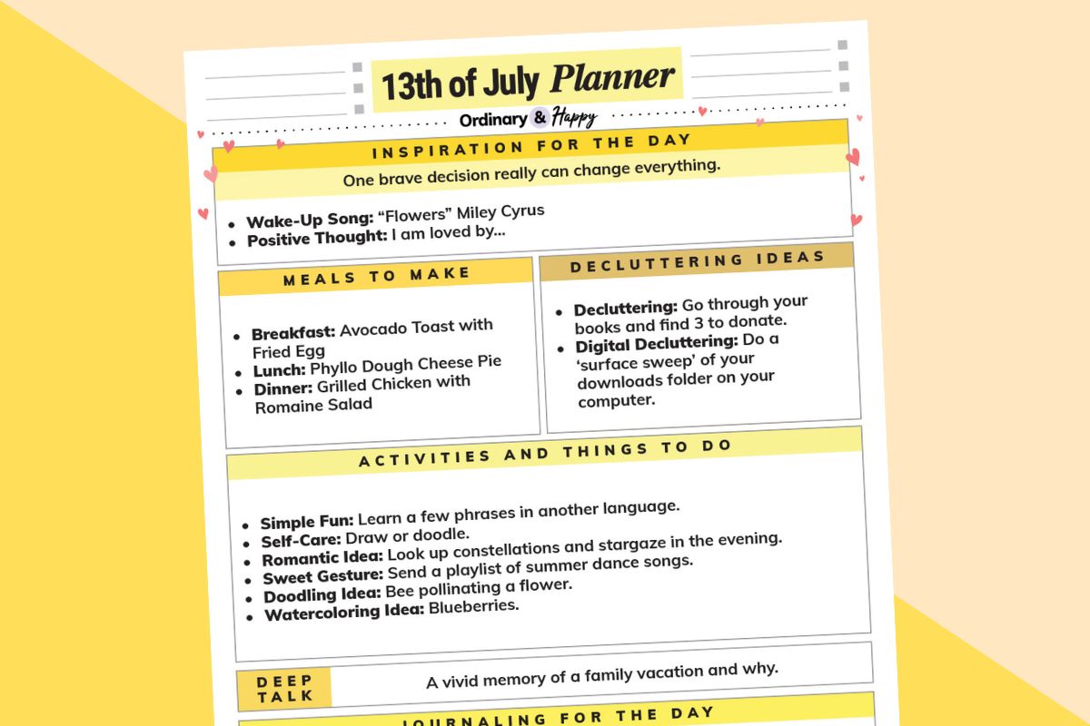 july 13th daily planner printable displayed on a 2-color yellow backdrop
