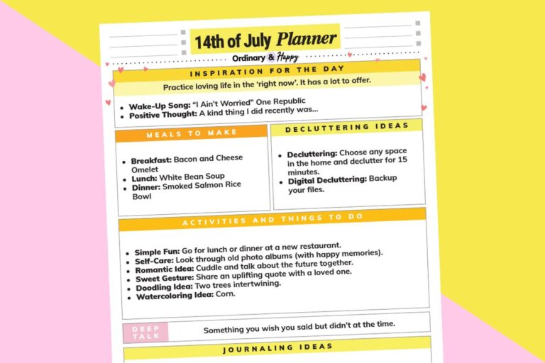 july 14th daily planner printable partially visible displayed on a lilac and yellow 2-color background
